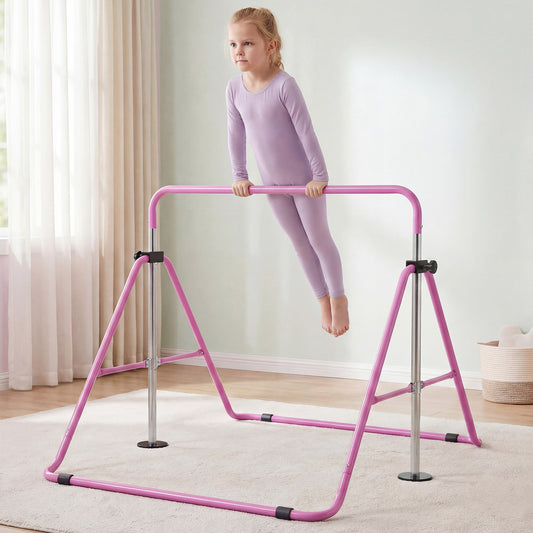 The gymnastics bar set up in a bright room with a young girl holding onto the purple horizontal bar