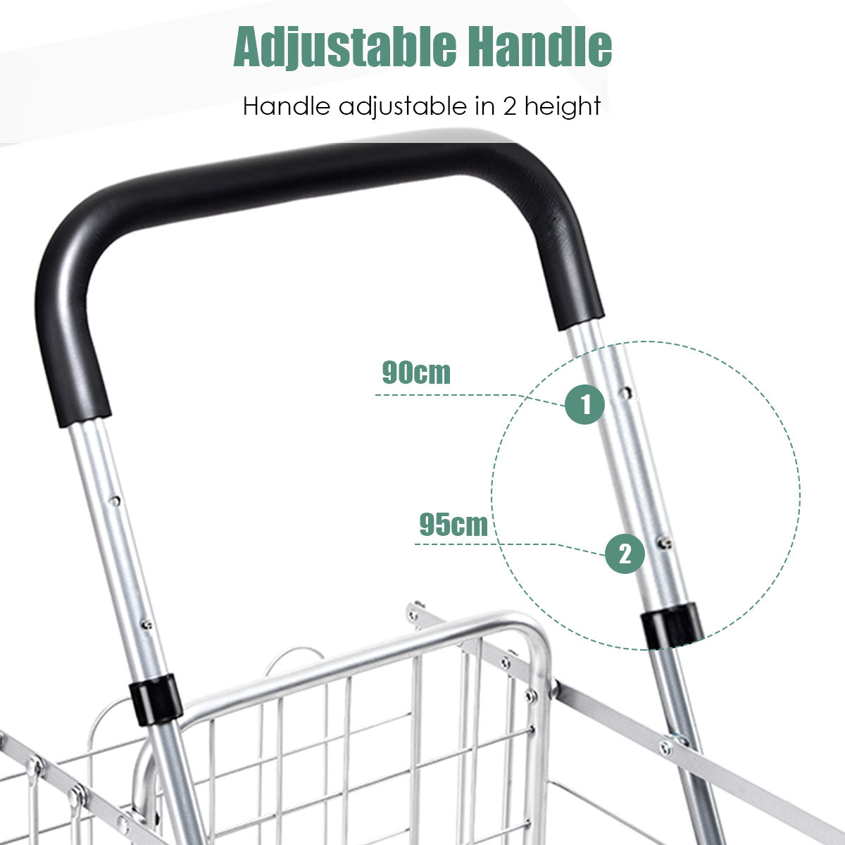 Close-up of the adjustable handle on the shopping tote, showing height options