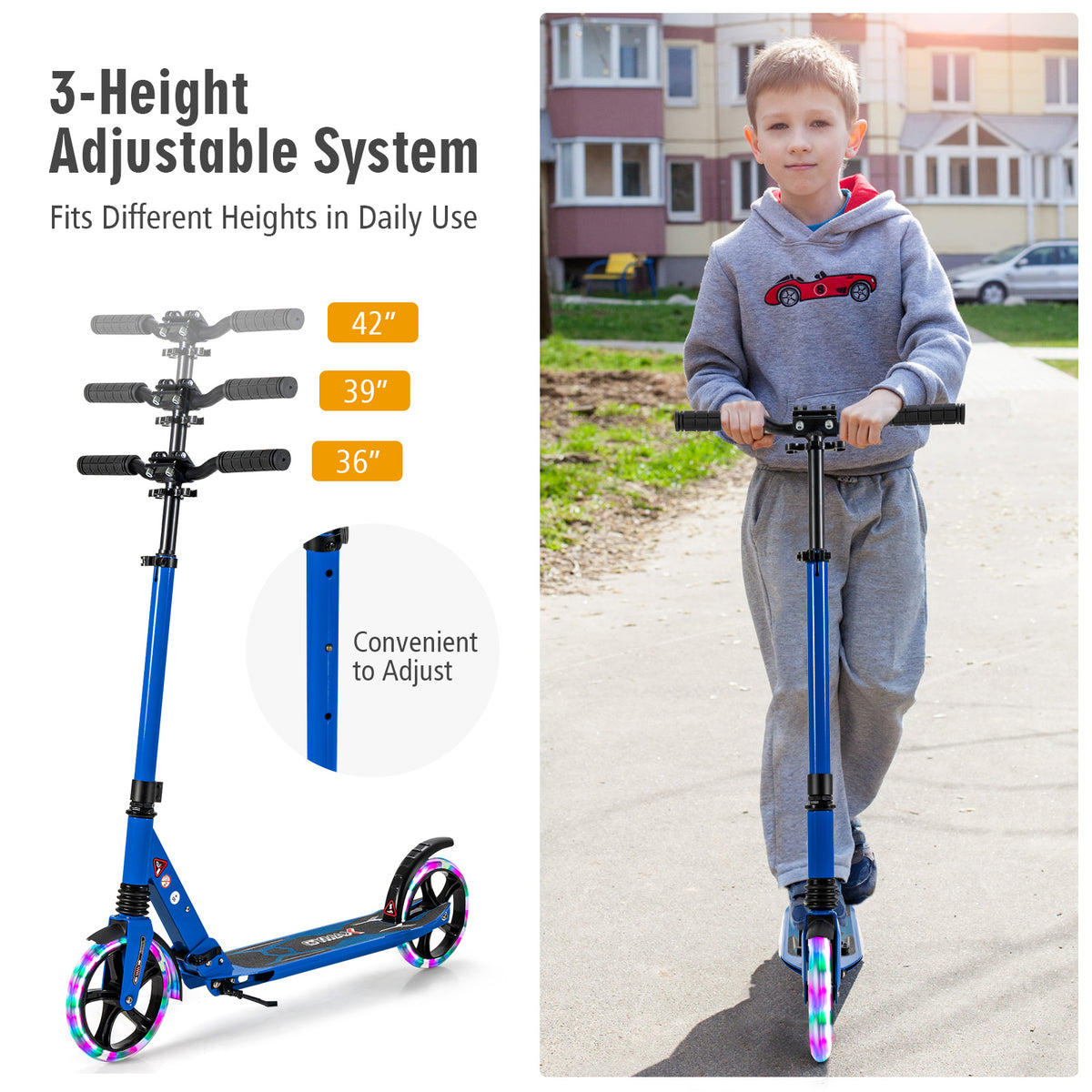 A boy stands with the blue kick scooter, showing height adjustment options