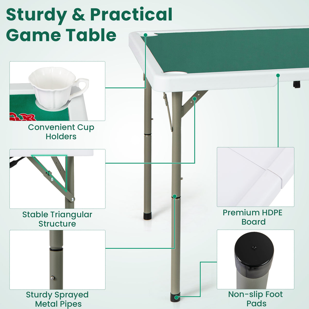The game table with callouts highlighting the cup holders and structural details