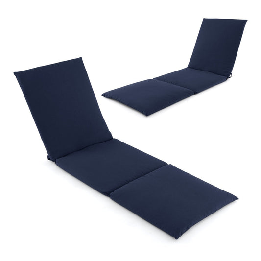 Two navy blue folding outdoor chaise lounge cushions shown from different angles on a white background