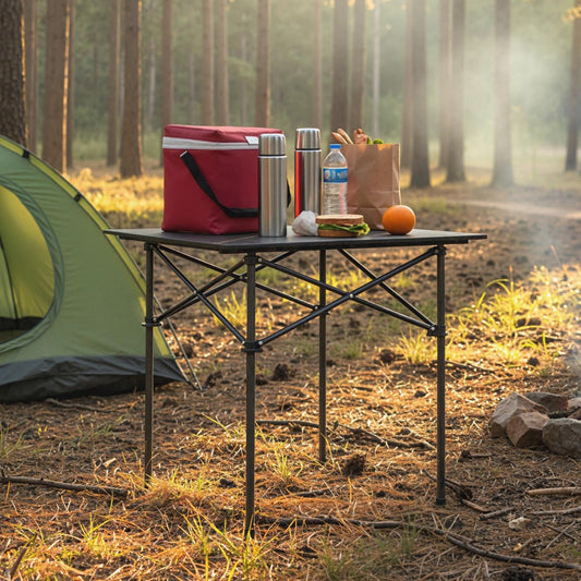 The black aluminium camping table is set up outdoors with a cool bag, drinks and a paper bag of food