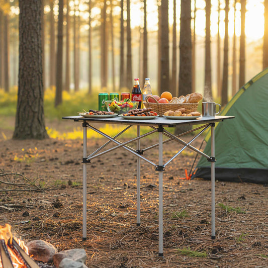 Aluminium camping table set up outdoors with drinks and food on it, near a tent and campfire
