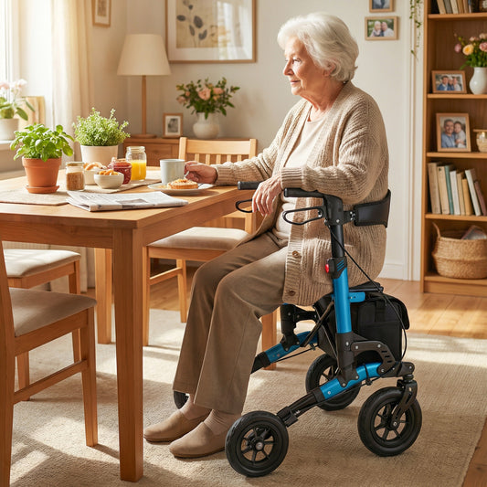 The blue rolling walker positioned beside a wooden dining table in a bright home setting