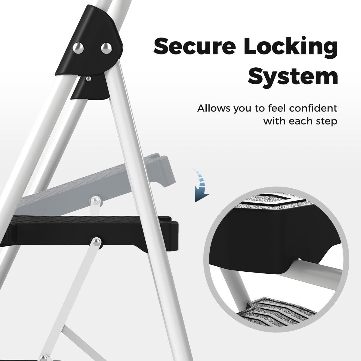 A close-up of the secure locking mechanism on the folding step stool