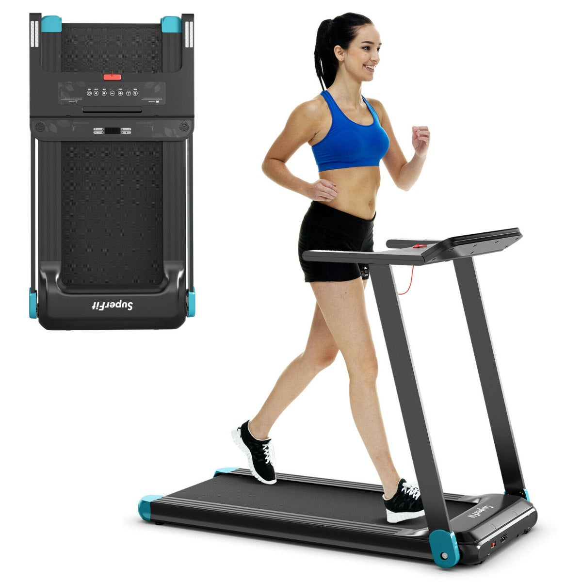 Front view of the folded blue treadmill and a woman running on it