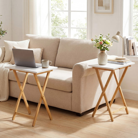 This white bamboo snack table is shown from the back