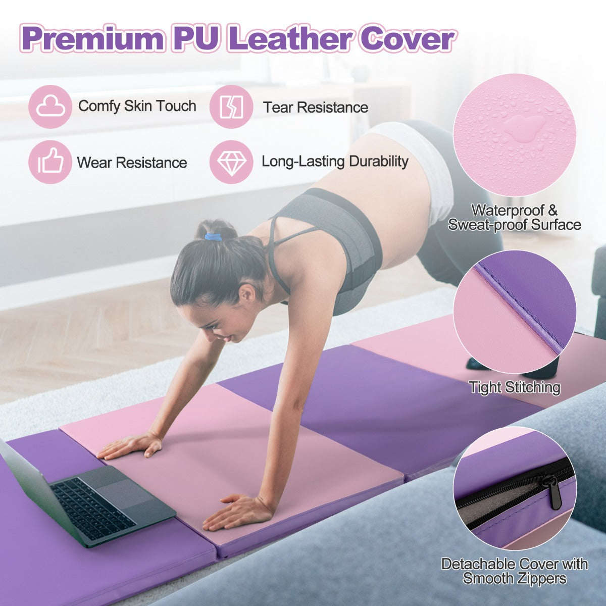 Folding Gymnastics Mat with Carry Handles Hook and Loop Fasteners-Pink & Purple