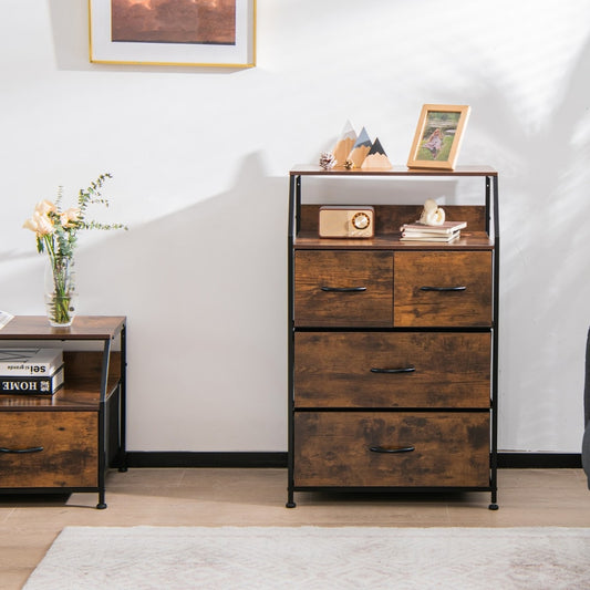 The brown storage chest is shown in a bedroom setting next to a bed