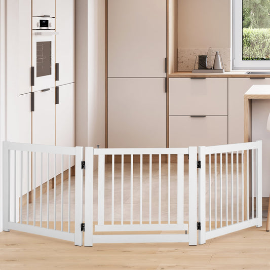 The white pet gate is set up in a modern kitchen
