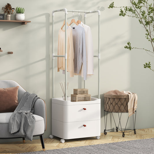 The coat rack placed in a living room with hanging clothes and items on the storage shelf
