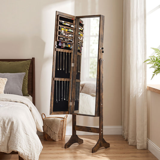 Rustic brown jewellery cabinet with full length mirror, shown from the side with the door open