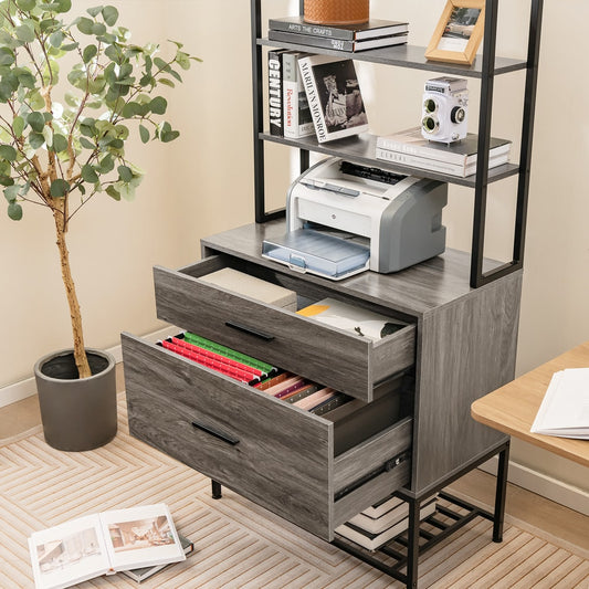 The cabinet with two drawers open showing hanging files inside