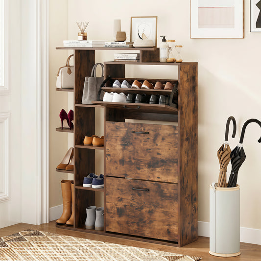 The shoe rack placed in a hallway with one flip drawer open and items on the open shelves