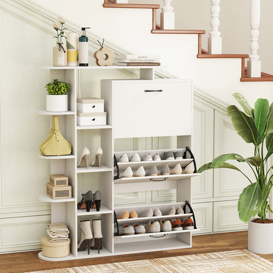 The white shoe rack is shown next to a staircase with shoes stored inside
