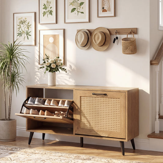The shoe storage unit placed in a hallway with shoes inside the open flip drawer