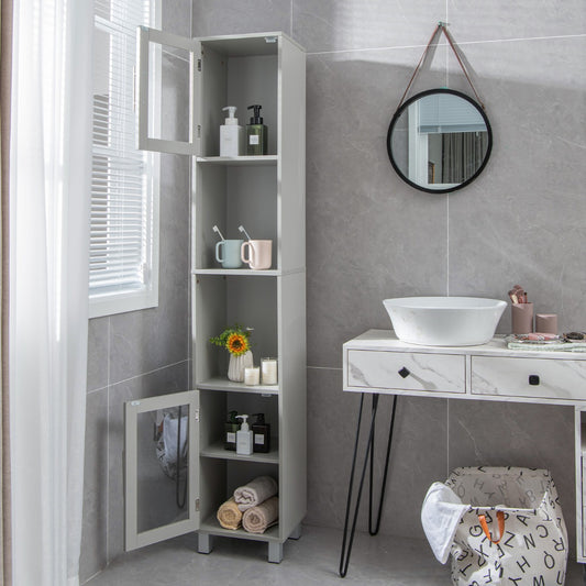 The slim bathroom cabinet is shown in a modern bathroom setting with toiletries on shelves