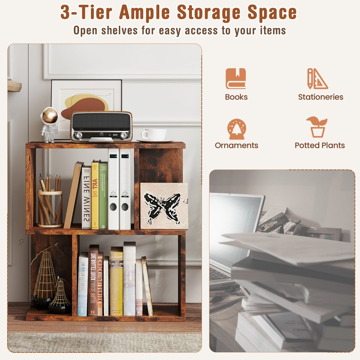3-Tier Freestanding Bookshelf for Home Office-Rustic Brown