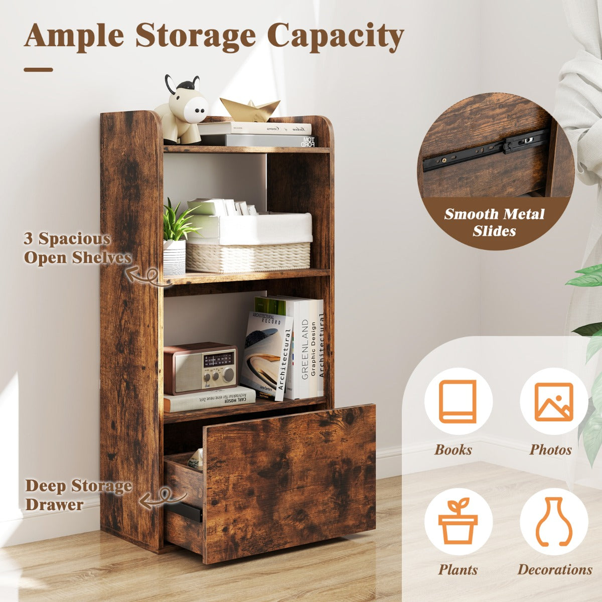 Freestanding Bookshelf with 3-Tier Open Shelf and Drawer-Rustic Brown