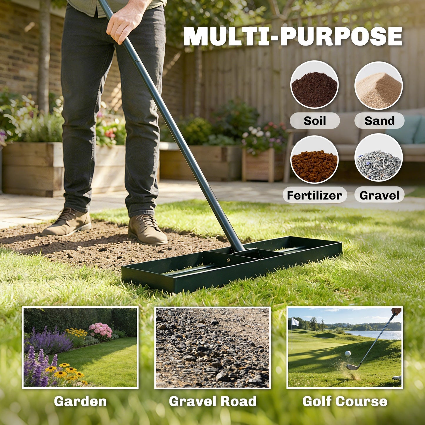 Outsunny Lawn Levelling Rake, 76 x 26 cm Lawn Leveller Lute with 169 cm Handle for Grass Soil Sand Yard Golf Course