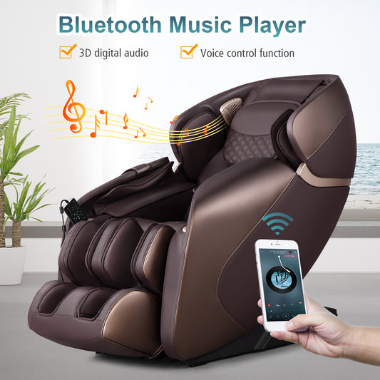 Brown electric zero gravity massage recliner with Bluetooth music player and voice control features
