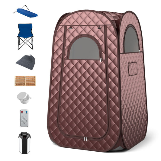 The spa tent with a chair and steam generator parts laid out beside it