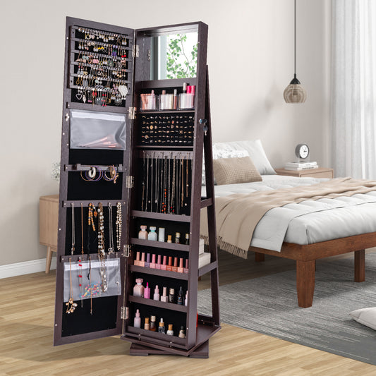 The jewellery armoire filled with necklaces, earrings, rings and cosmetics