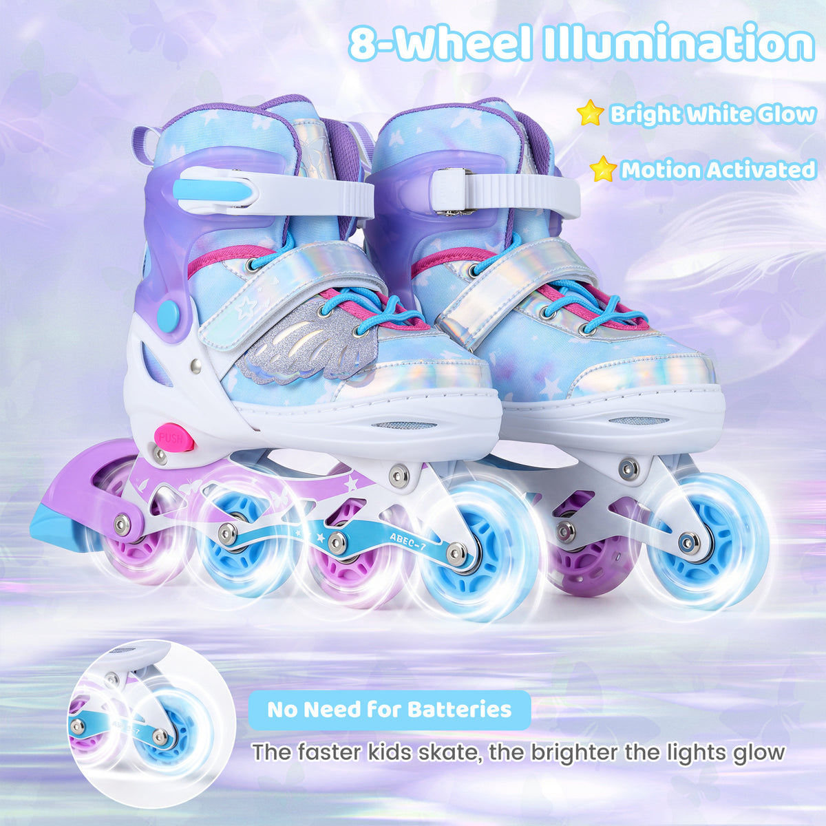 The toy sports skates with text explaining how the wheels light up without using batteries