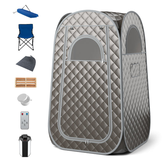 The spa and salon tent with accessories laid out including a chair and remote