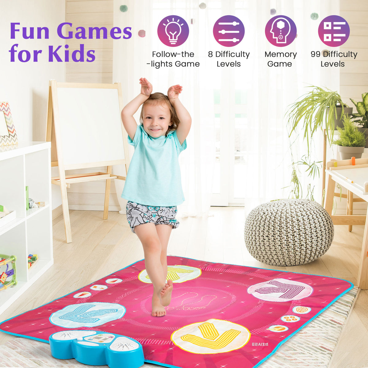 Fun Dance Mat, a child plays fun games for kids on the musical instrument in a playroom setting