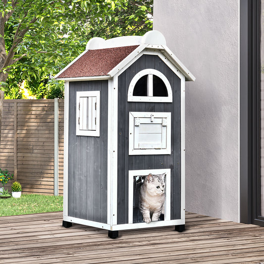PawHut Wooden Cat House in Grey and White