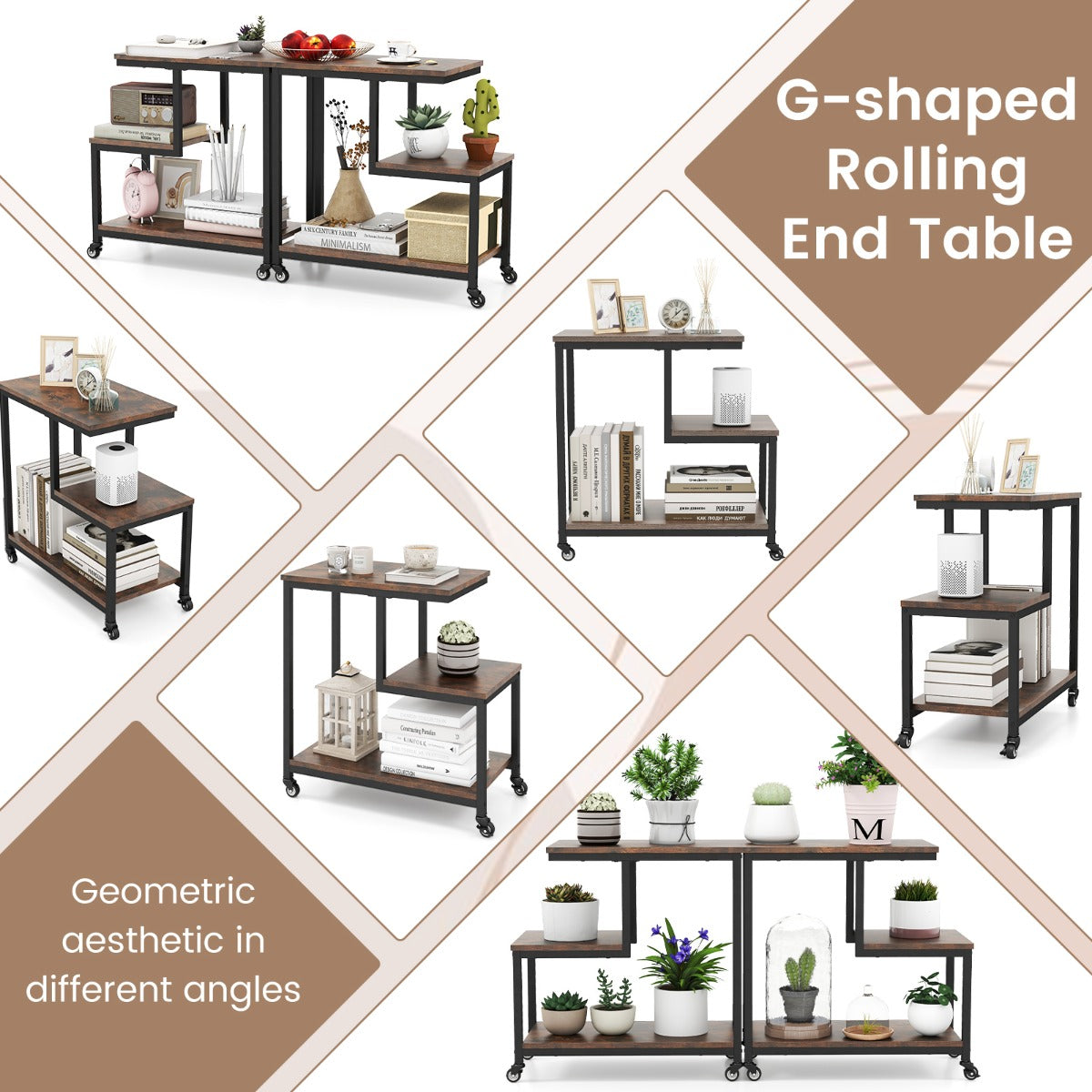3-Tier Small Sofa Couch Side Table with Lockable Casters for Living Room-Brown