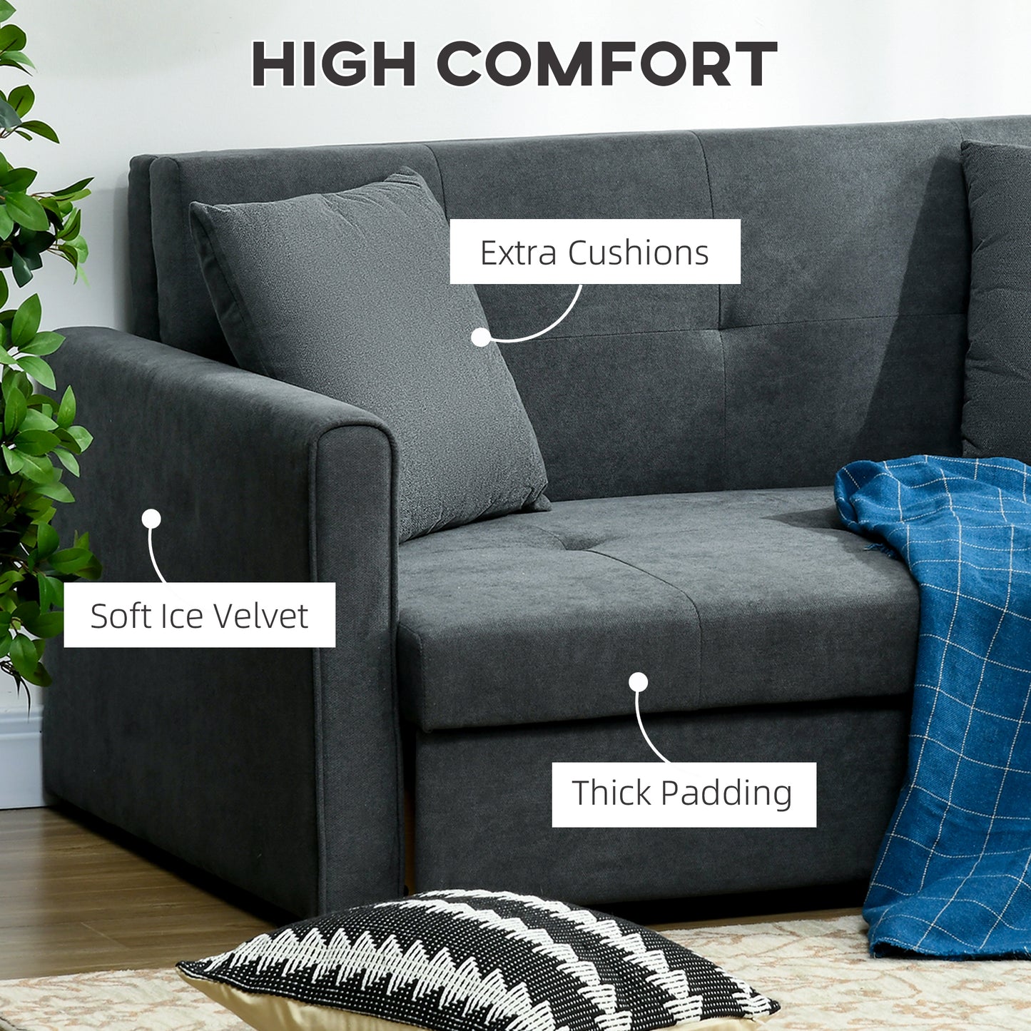 HOMCOM 2 Seater Sofa Bed, Convertible Bed Settee, Modern Velvet Loveseat Sofa Couch with 2 Cushions, Hidden Storage for Living Room, Guest Room, Dark Grey