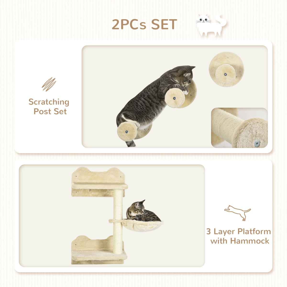 PawHut 4 Piece Cat Shelf with Scratching Post in Beige