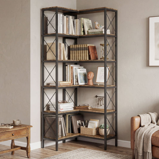 HOMCOM 5-Tier L-Shaped Bookshelf, Freestanding Corner Bookcase with Metal Frame, Rustic Brown