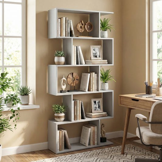 S-shaped bookcase filled with books and decorative items in a living room setting