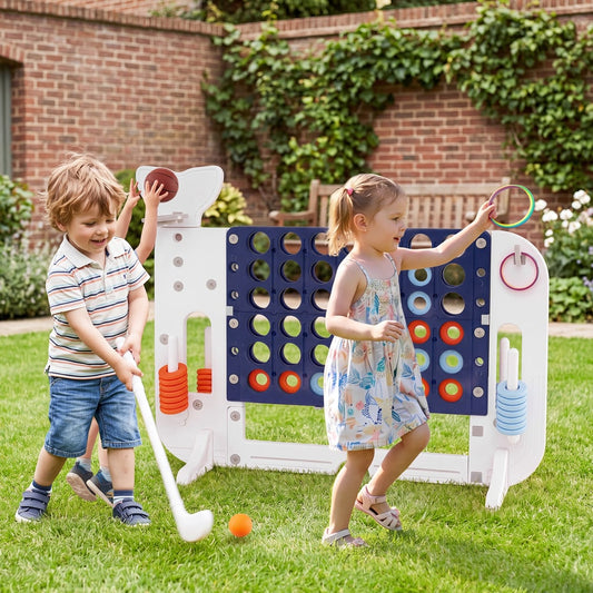 Children playing the lawn games set in a garden with a golf club and ball