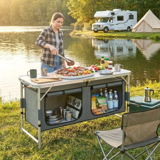 Outsunny 4ft Folding Camping Cupboard Kitchen in Coffee and Black