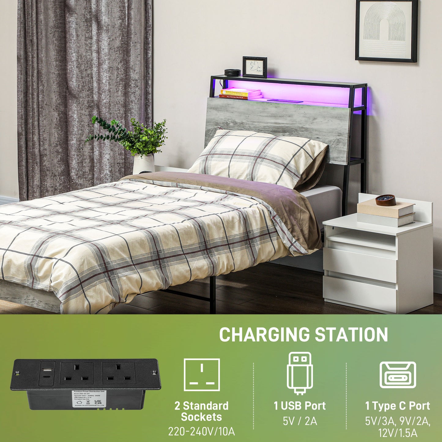 HOMCOM Single Steel Bed Frame, with LED Lights and Headboard Shelf - Grey