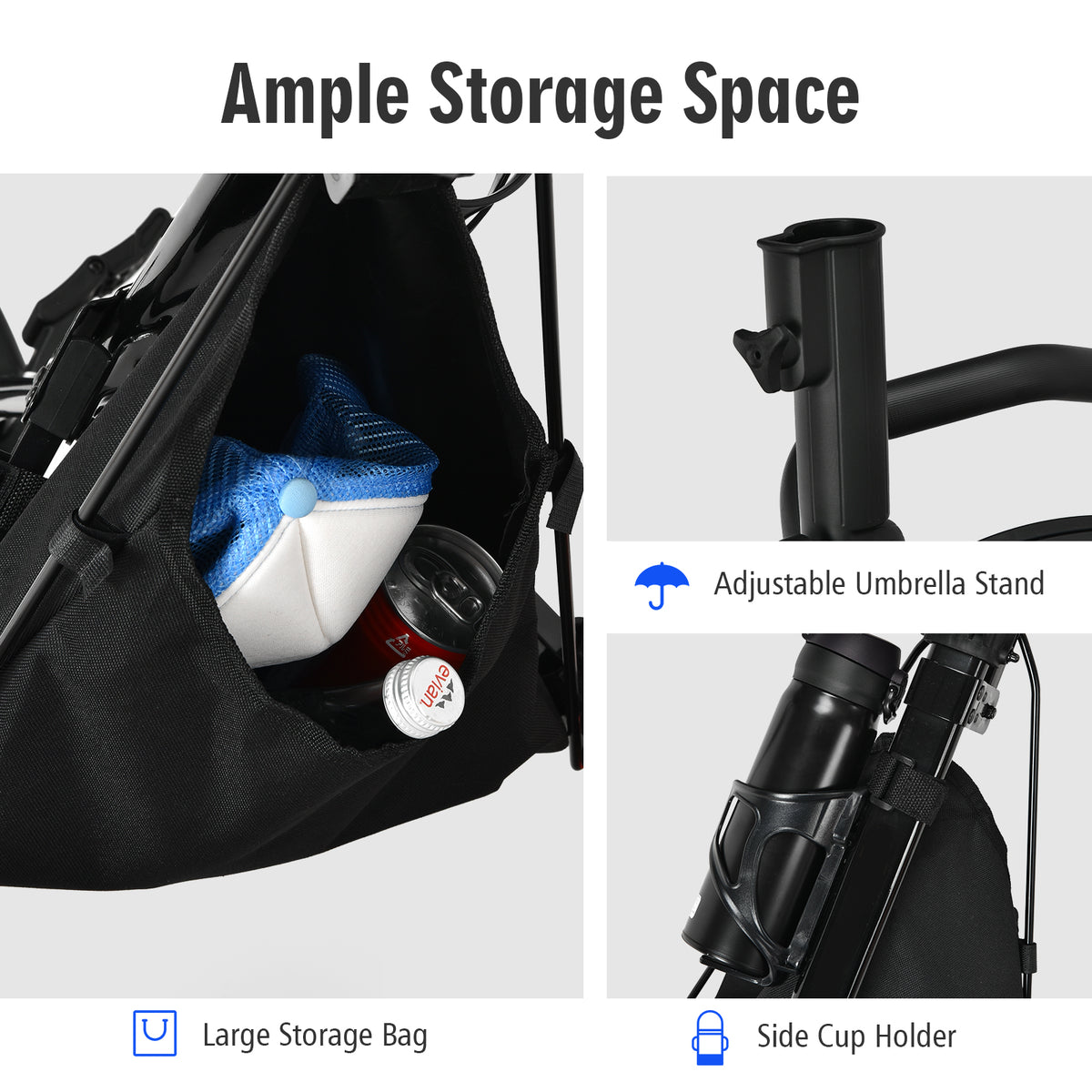 The golf trolley showing the storage bag and the umbrella and cup holders