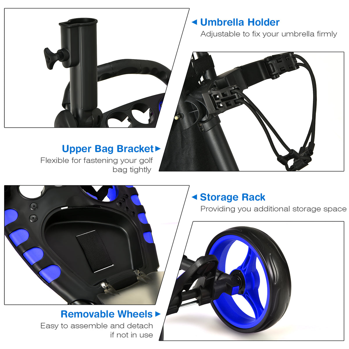 The golf trolley parts including umbrella holder and wheels in small panels
