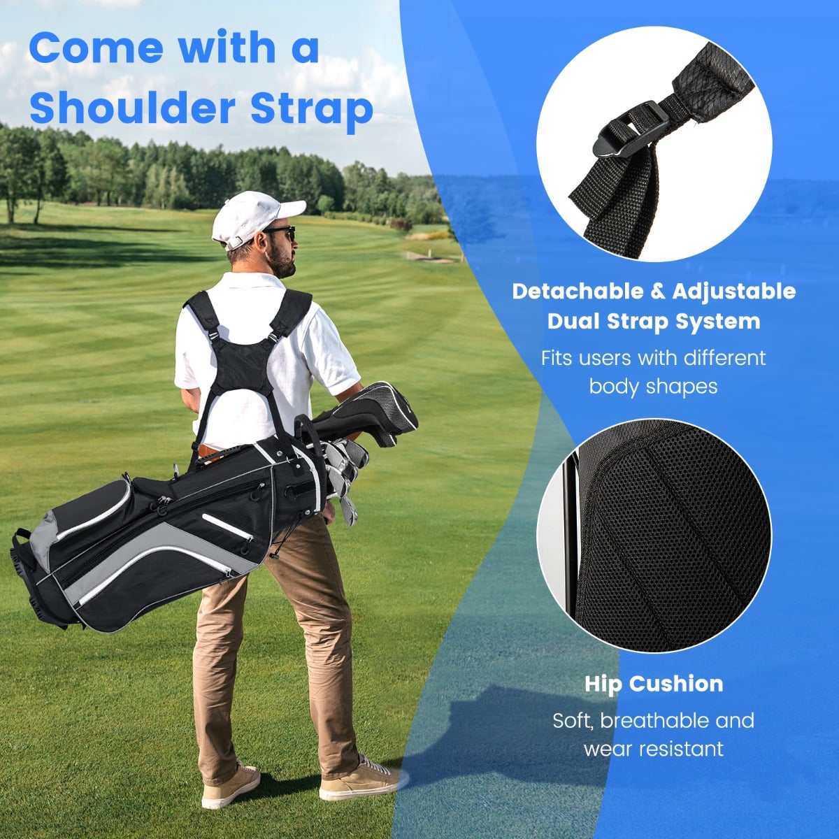 Man carrying the golf stand bag with shoulder strap detail