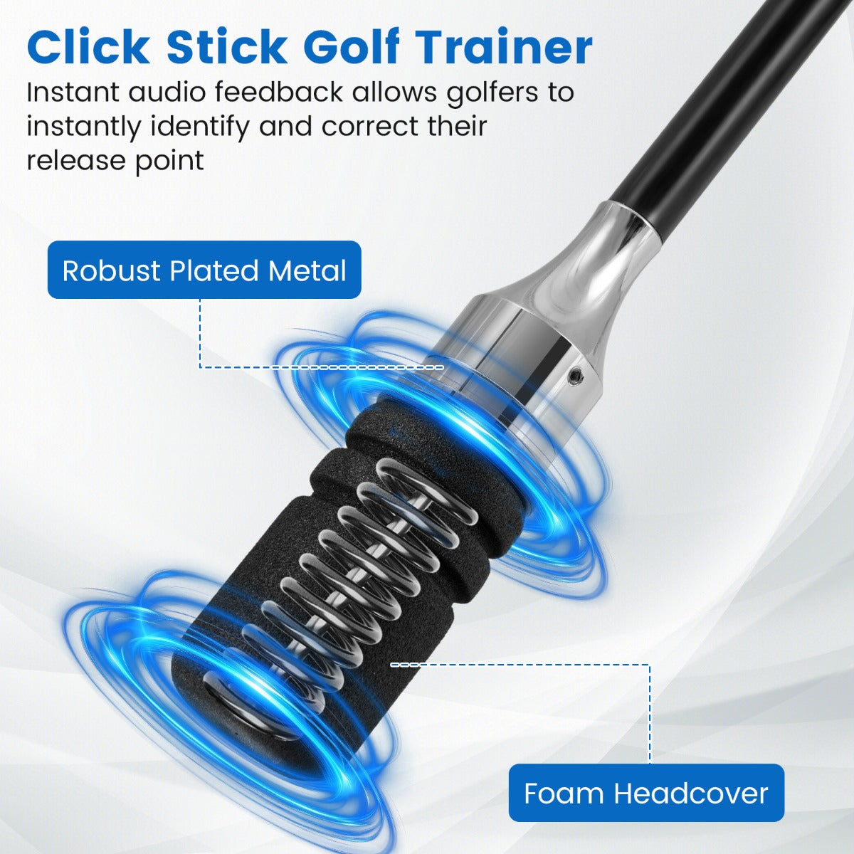 Close up of the golf swing trainer's click sound mechanism and foam headcover