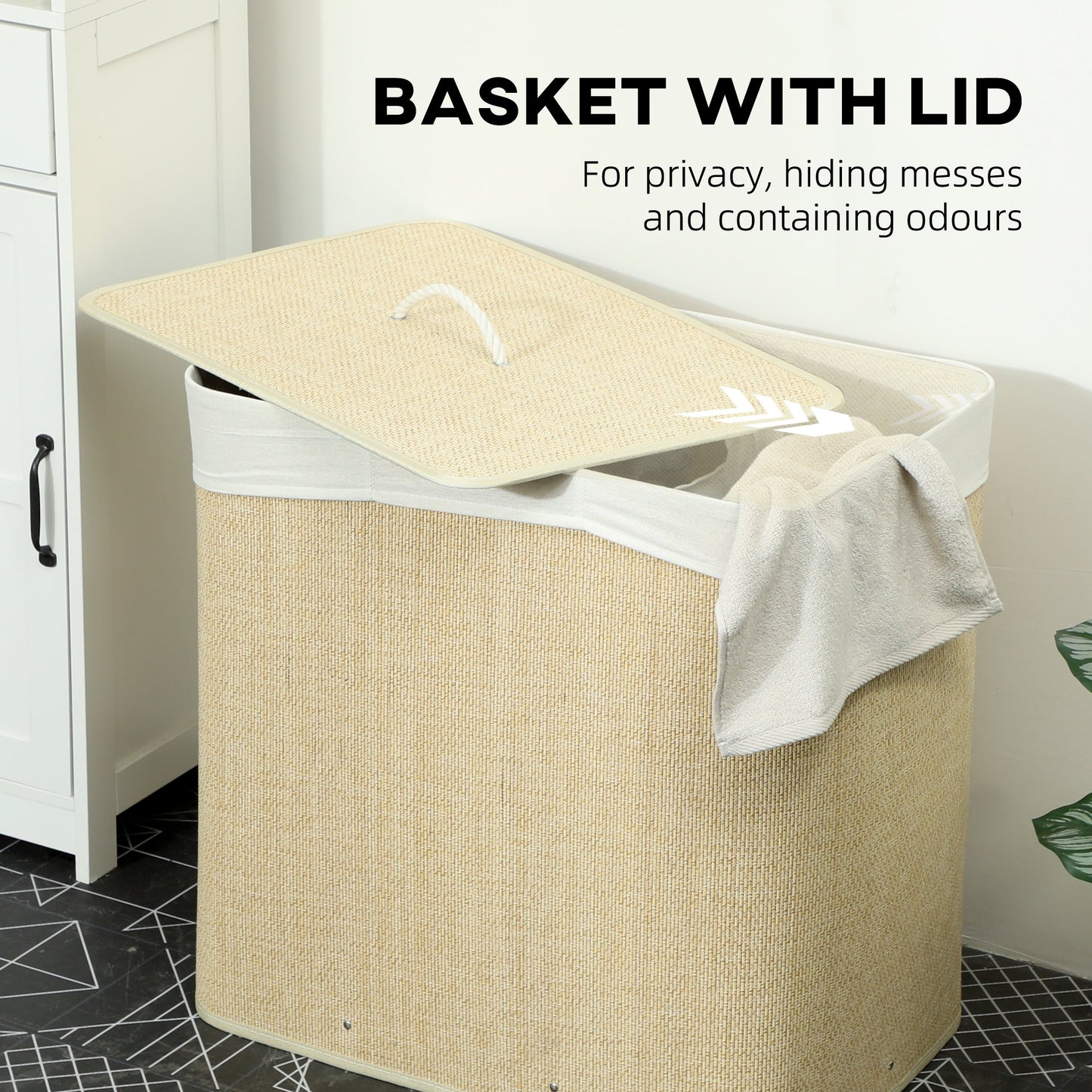 HOMCOM 3 Section Laundry Basket with Lid, 144L Bamboo Laundry Hamper with Handles, Removable and Washable Liner, Cream White