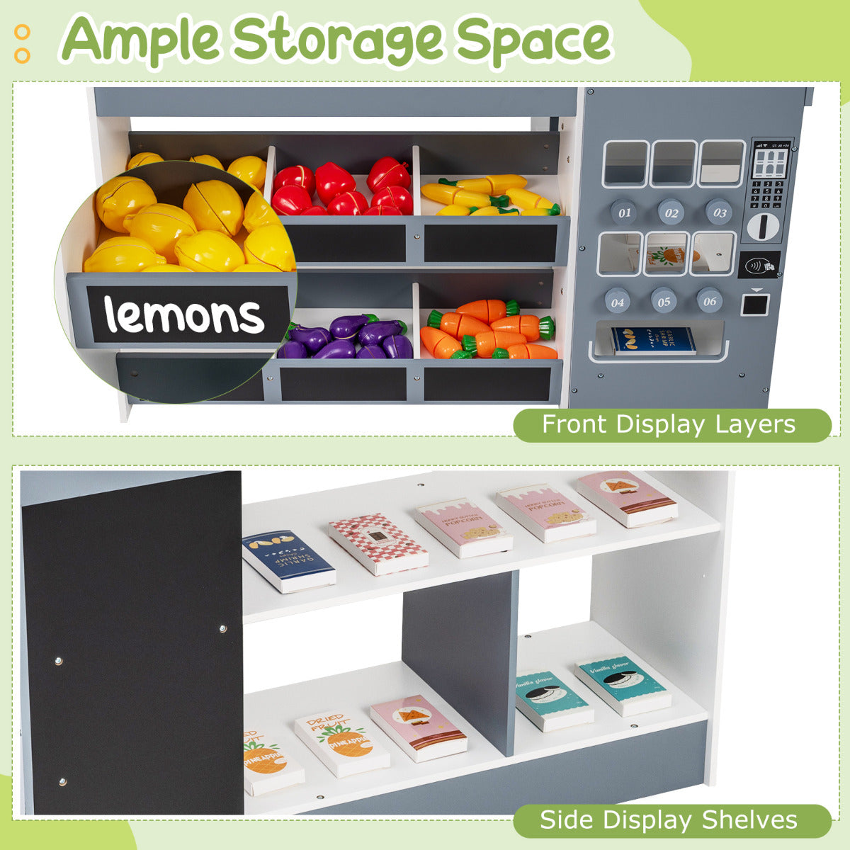 The play kitchen set showing the front display bins and side storage shelves