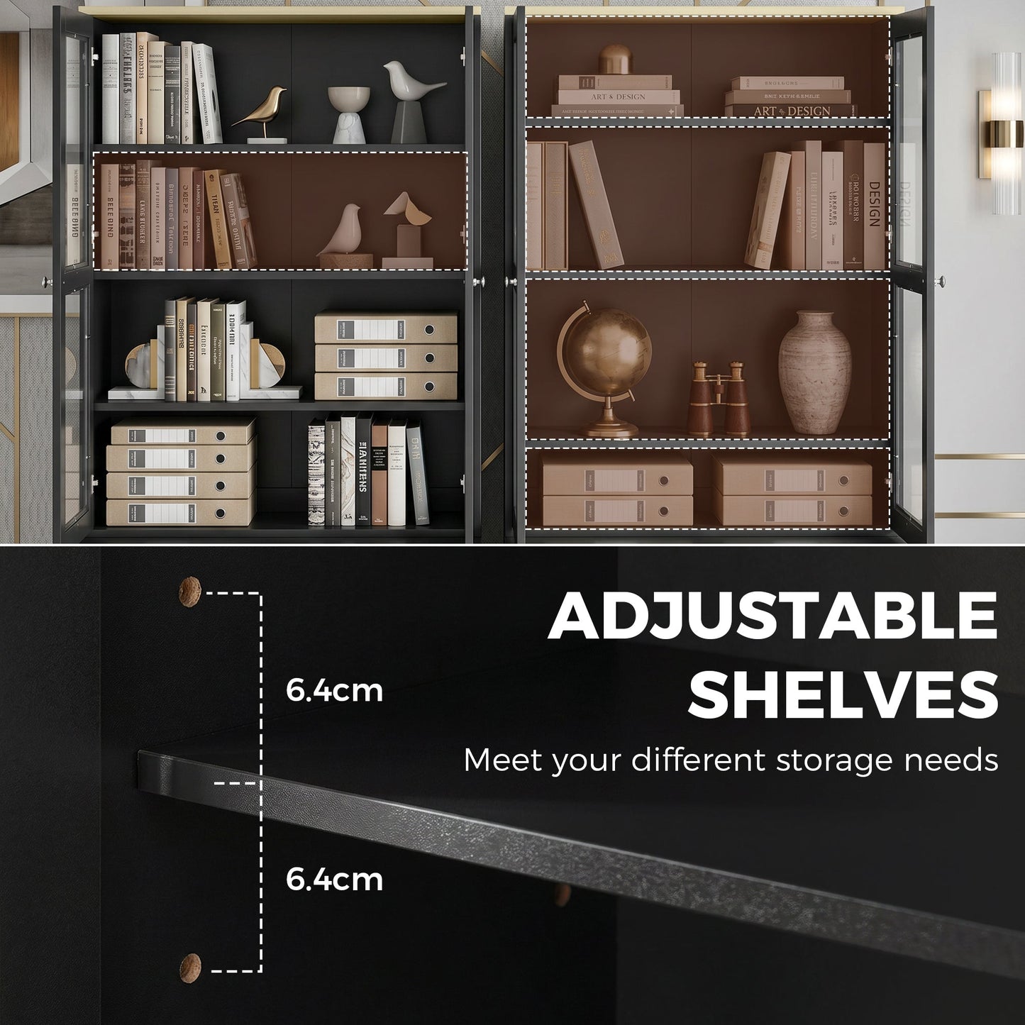HOMCOM Modern Bookcase Display Storage Unit with Glass Doors Adjustable Shelves, Black