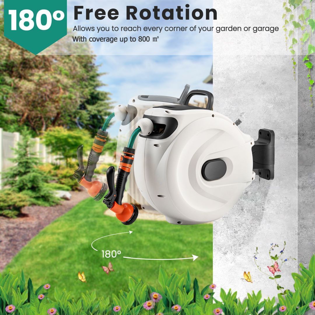 15+1M and 20+2M Wall Mounted Hose Reel Retractable Auto Rewind Watering-20+2M