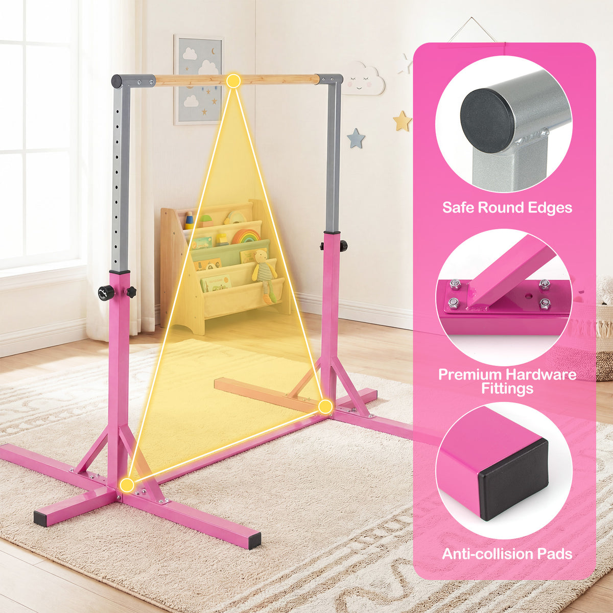 Close-up details of the pink gymnastics bar including safety features