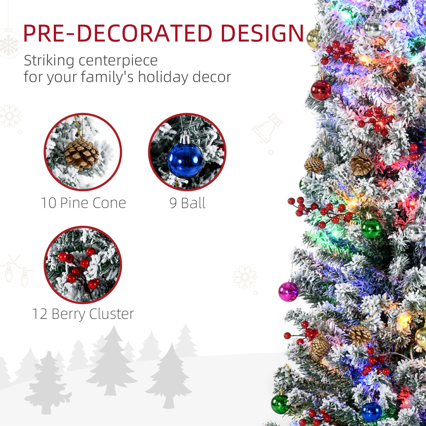 HOMCOM 6' Artificial Prelit Christmas Trees Holiday Décor with Colourful LED Lights, Flocked Tips, Berry, Pine Cone