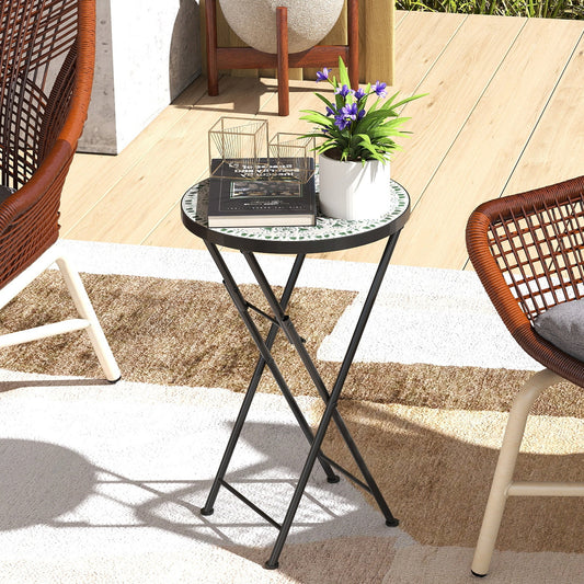 طاولة قهوة دائرية قابلة للطي من فسيفساء أوتسني، مقاس 35.5 سم، بإطار معدني للشرفة والفناء، لون أخضر